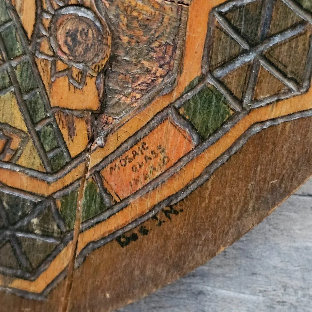Flemish Wood Carved Mosaic Glass Inlay Native American Oval Photography Art Work